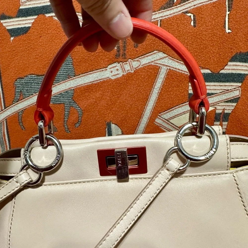 Fendi Peekaboo Cream/blush Leather Satchel with Red Handle and Silver Hardware